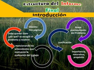 Breve
planteamiento
del Problema
Justificación
Importancia,
naturaleza,
propósito
Máximo
tres páginas
Debe quedar claro
¿por qué? se escogió el
problema a resolver
mencionando los
antecedentes que
motivaron la
realización del trabajo
 