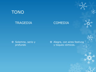 TONO
TRAGEDIA
 Solemne, serio y
profundo
COMEDIA
 Alegre, con aires festivos
y toques cómicos.
 