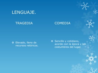 LENGUAJE.
TRAGEDIA
 Elevado, lleno de
recursos retóricos.
COMEDIA
 Sencillo y cotidiano,
acorde con la época y las
costumbres del lugar.
 