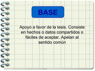 BASE Apoyo a favor de la tesis. Consiste en hechos o datos compartidos o fáciles de aceptar. Apelan al sentido común   