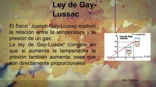 Ley de Gay-
Lussac
El físico Joseph Gay-Lussac exploró
la relación entre la temperatura y la
presión de un gas.
La ley de Gay-Lussac consiste en
que si aumenta la temperatura la
presión también aumenta, osea que
son directamente proporcionales.
Ailin Yèvnes
 