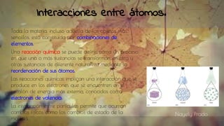 Interacciones entre átomos.
Toda la materia, incluso aquella de los objetos más
sencillos, está constituida por combinaciones de
elementos.
Una reacción química se puede definir como un proceso
en que una o más sustancias se transforman en otra u
otras sustancias de diferente naturaleza mediante la
reordenación de sus átomos.
Las reacciones químicas implican una interacción que se
produce en los electrones que se encuentren en el
escalón de energía más externo, conocidos como
electrones de valencia.
La interacción entre partículas permite que ocurran
cambios físicos como los cambios de estado de la
materia.
Nayely Prado
 