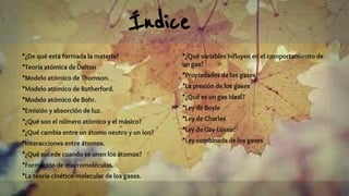 Índice
*¿De qué está formada la materia?
*Teoría atómica de Dalton
*Modelo atómico de Thomson.
*Modelo atómico de Rutherford.
*Modelo atómico de Bohr.
*Emisión y absorción de luz.
*¿Qué son el número atómico y el másico?
*¿Qué cambia entre un átomo neutro y un ion?
*Interacciones entre átomos.
*¿Qué sucede cuando se unen los átomos?
*Formación de macromoléculas.
*La teoría cinético-molecular de los gases.
*¿Qué variables influyen en el comportamiento de
un gas?
*Propiedades de los gases
*La presión de los gases
*¿Qué es un gas ideal?
*Ley de Boyle
*Ley de Charles
*Ley de Gay-Lussac
*Ley combinada de los gases
 