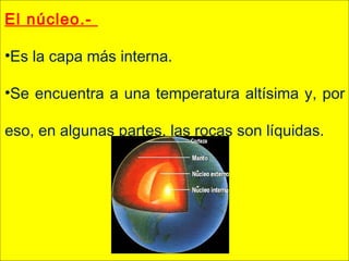 El núcleo.-
•Es la capa más interna.
•Se encuentra a una temperatura altísima y, por
eso, en algunas partes, las rocas son líquidas.
 
 