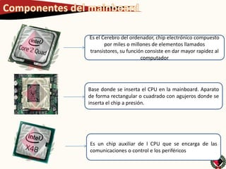 Es el Cerebro del ordenador, chip electrónico compuesto
       por miles o millones de elementos llamados
transistores, su función consiste en dar mayor rapidez al
                       computador




Base donde se inserta el CPU en la mainboard. Aparato
de forma rectangular o cuadrado con agujeros donde se
inserta el chip a presión.




Es un chip auxiliar de l CPU que se encarga de las
comunicaciones o control e los periféricos
 