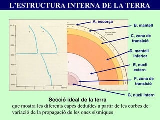 L’ESTRUCTURA INTERNA DE LA TERRA Secció ideal de la terra que mostra les diferents capes deduïdes a partir de les corbes de variació de la propagació de les ones sísmiques A, escorça B, mantell C, zona de transició D, mantell  inferior E, nucli extern F, zona de transició G, nucli intern 