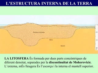 L’ESTRUCTURA INTERNA DE LA TERRA LA LITOSFERA  és formada per dues parts concèntriques de diferent densitat, separades per la  discontinuïtat de Mohorovicic . L’externa, més lleugera és l’escorça i la interna el mantell superior.   