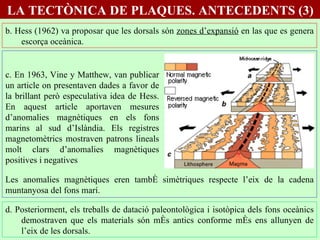 b. Hess (1962) va proposar que les dorsals són  zones d’expansió  en las que es genera escorça oceànica. d. Posteriorment, els treballs de datació paleontològica i isotòpica dels fons oceànics demostraven que els materials són més antics conforme més ens allunyen de l’eix de les dorsals.  c. En 1963, Vine y Matthew, van publicar un article on presentaven dades a favor de la brillant però especulativa idea de Hess. En aquest article aportaven mesures d’anomalies magnètiques en els fons marins al sud d’Islàndia. Els registres magnetomètrics mostraven patrons lineals molt clars d’anomalies magnètiques positives i negatives Les anomalies magnètiques eren també simètriques respecte l’eix de la cadena muntanyosa del fons marí. LA TECTÒNICA DE PLAQUES. ANTECEDENTS (3) 