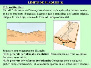 LÍMITS DE PLAQUES (4) Rifts continentals :  Els “rift” són zones de l’escorça continental, molt aprimades i estructurades en blocs enfonsats i basculats. Exemple: regió grans llacs de l’Àfrica oriental, Etiòpia, la mar Roja, sistema de fosses d’Europa occidental. Segons el seu origen podem distingir:  Rifts generats per plomalls  mantèlics : Desenvolupen activitat volcànica des de els seus inicis.  Rifts generats per esforços extensionals : Comencen com a conques i graben amb sedimentació, i el vulcanisme apareix en els estadis més avançats. 