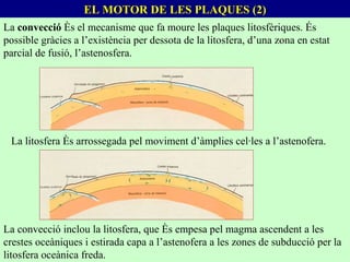 La  convecció  és el mecanisme que fa moure les plaques litosfèriques. És possible gràcies a l’existència per dessota de la litosfera, d’una zona en estat parcial de fusió, l’astenosfera.  La litosfera és arrossegada pel moviment d’àmplies cel·les a l’astenofera. La convecció inclou la litosfera, que és empesa pel magma ascendent a les crestes oceàniques i estirada capa a l’astenofera a les zones de subducció per la litosfera oceànica freda. EL MOTOR DE LES PLAQUES (2) 