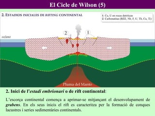 2. Inici de l’ estadi embrionari  o de rift continental : L’escorça continental comença a aprimar-se mitjançant el desenvolupament de  grabens . En els seus inicis el rift es caracteritza per la formació de conques lacustres i series sedimentàries continentals.  El Cicle de Wilson (5) 