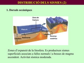 DISTRIBUCIÓ DELS SISMES (2) Sediments Litosfera Placa A Placa B Litosfera Escorça oceànica Zona de fractura 1. Dorsals oceàniques Zones d’expansió de la litosfera. Es produeixen sismes superficials associats a falles normals i a bosses de magma ascendent. Activitat sísmica moderada. 