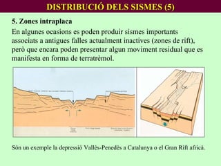 DISTRIBUCIÓ DELS SISMES (5) 5. Zones intraplaca En algunes ocasions es poden produir sismes importants associats a antigues falles actualment inactives (zones de rift), però que encara poden presentar algun moviment residual que es manifesta en forma de terratrèmol.  Són un exemple la depressió Vallès-Penedès a Catalunya o el Gran Rift africà. 