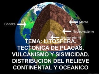 TEMA: LITOSFERA.
TECTONICA DE PLACAS,
VULCANISMO Y SISMICIDAD.
DISTRIBUCION DEL RELIEVE
CONTINENTAL Y OCEANICO
 