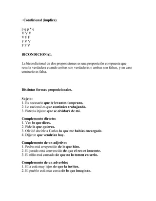 · Condicional (implica)
pqp*q
VVV
VFF
FVV
FFV
BICONDICIONAL
La bicondicional de dos proposiciones es una proposición compuesta que
resulta verdadera cuando ambas son verdaderas o ambas son falsas, y en caso
contrario es falsa.

Distintas formas proposicionales.
Sujeto:
1. Es necesario que te levantes temprano.
2. Lo racional es que continúes trabajando.
3. Parecía injusto que se olvidara de mí.
Complemento directo:
1. Veo lo que dices.
2. Pide lo que quieras.
3. Olvidé decirle a Carlos lo que me habías encargado.
4. Dijeron que vendrían hoy.
Complemento de un adjetivo:
1. Pedro está arrepentido de lo que hizo.
2. El jurado está convencido de que el reo es inocente.
3. El niño está cansado de que no lo tomen en serio.
Complemento de un adverbio:
1. Ella está muy lejos de que la inviten.
2. El pueblo está más cerca de lo que imaginan.

 