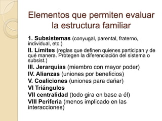 Elementos que permiten evaluar
     la estructura familiar
1. Subsistemas (conyugal, parental, fraterno,
individual, etc.)
II. Límites (reglas que definen quienes participan y de
qué manera. Protegen la diferenciación del sistema o
subsist.)
III. Jerarquías (miembro con mayor poder)
IV. Alianzas (uniones por beneficios)
V. Coaliciones (uniones para dañar)
VI Triángulos
VII centralidad (todo gira en base a él)
VIII Periferia (menos implicado en las
interacciones)
 