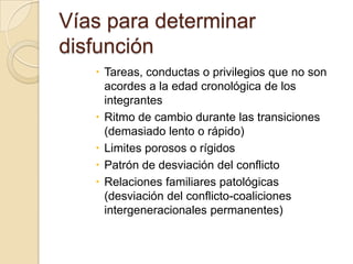 Vías para determinar
disfunción
    Tareas, conductas o privilegios que no son
     acordes a la edad cronológica de los
     integrantes
    Ritmo de cambio durante las transiciones
     (demasiado lento o rápido)
    Limites porosos o rígidos
    Patrón de desviación del conflicto
    Relaciones familiares patológicas
     (desviación del conflicto-coaliciones
     intergeneracionales permanentes)
 