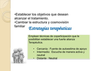 Metas terapéuticas
    •Establecer los objetivos que desean
    alcanzar el tratamiento.
    •Cambiar la estructura y cosmovisión
    familiar
                 Estrategias terapéuticas
                 Emplean técnicas de coparticipación que le
                 posibilitan establecer una fuerte alianza
                 Terapéutica.

                     • Cercanía : Fuente de autoestima de apoyo
                     • Intermedio: Escucha de manera activa y
                       neutral
                     • Distante : Neutral
 