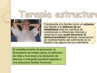 Comprende a la familia como un sistema
                           que tiende a la defensa de su
                           estabilidad ante los cambios de
                           condiciones e influencias internas y
                           externas lo que suele favorecer la
                           disfuncionalidad mediante mecanismos
                           de mantenimiento del sufrimiento en la
                           familia o de alguno de sus miembros.

El restablecimiento de jerarquías, la
formulación de límites claros, la definición
de roles y funciones y la disolución de
alianzas o triángulos ayudaría regresar a
una estructura familiar funcional.
 