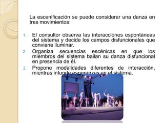 La escenificación se puede considerar una danza en
     tres movimientos:

1.    El consultor observa las interacciones espontáneas
      del sistema y decide los campos disfuncionales que
      conviene iluminar.
2.    Organiza secuencias escénicas en que los
      miembros del sistema bailan su danza disfuncional
      en presencia de él.
3.    Propone modalidades diferentes de interacción,
      mientras infunde esperanzas en el sistema.
 