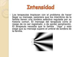 •   Los terapeutas tropiezan con el problema de hacer
    llegar su mensaje, pareciera que los miembros de la
    familia tienen una sordera selectiva regulada por su
    historia común. El mensaje del terapeuta corre el
    riesgo de no ser registrado, o de perder penetración.
    El terapeuta necesita que la familia “oiga” y esto
    exige que su mensaje supere el umbral de sordera de
    la familia.
 