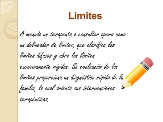 Límites
A menudo un terapeuta o consultor opera como
un delineador de límites, que clarifica los
límites difusos y abre los límites
excesivamente rígidos. Su evaluación de los
límites proporciona un diagnóstico rápido de la
familia, lo cual orienta sus intervenciones
terapéuticas.
 