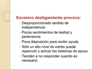 Excesivo desligamiento provoca:
 ◦ Desproporcionado sentido de
   independencia
 ◦ Pocos sentimientos de lealtad y
   pertenencia
 ◦ Poca disposición para recibir ayuda
 ◦ Sólo un alto nivel de estrés puede
   repercutir y activar los sistemas de apoyo.
 ◦ Tienden a no responder cuando es
   necesario.
 