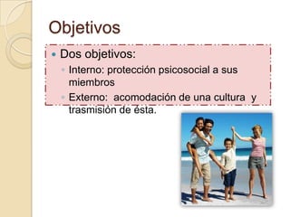 Objetivos
   Dos objetivos:
    ◦ Interno: protección psicosocial a sus
      miembros
    ◦ Externo: acomodación de una cultura y
      trasmisión de ésta.
 