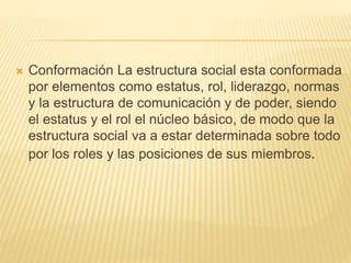  Conformación La estructura social esta conformada 
por elementos como estatus, rol, liderazgo, normas 
y la estructura de comunicación y de poder, siendo 
el estatus y el rol el núcleo básico, de modo que la 
estructura social va a estar determinada sobre todo 
por los roles y las posiciones de sus miembros. 
