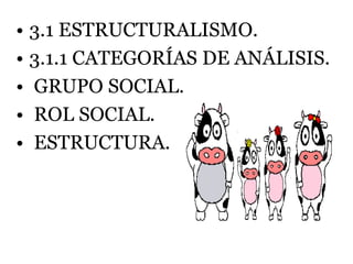 • 3.1 ESTRUCTURALISMO.
• 3.1.1 CATEGORÍAS DE ANÁLISIS.
• GRUPO SOCIAL.
• ROL SOCIAL.
• ESTRUCTURA.
 