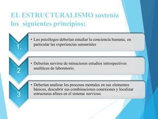 EL ESTRUCTURALISMO sostenía
los siguientes principios:
1.
• Los psicólogos deberían estudiar la conciencia humana, en
particular las experiencias sensoriales
2
• Deberían servirse de minuciosos estudios introspectivos
analíticos de laboratorio.
3
• Deberían analizar los procesos mentales en sus elementos
básicos, descubrir sus combinaciones conexiones y localizar
estructuras afines en el sistema nervioso.
 
