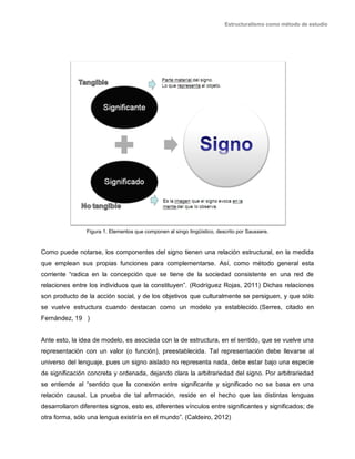 Estructuralismo como método de estudio
Figura 1. Elementos que componen al singo lingüístico, descrito por Saussere.
Como puede notarse, los componentes del signo tienen una relación estructural, en la medida
que emplean sus propias funciones para complementarse. Así, como método general esta
corriente “radica en la concepción que se tiene de la sociedad consistente en una red de
relaciones entre los individuos que la constituyen”. (Rodríguez Rojas, 2011) Dichas relaciones
son producto de la acción social, y de los objetivos que culturalmente se persiguen, y que sólo
se vuelve estructura cuando destacan como un modelo ya establecido.(Serres, citado en
Fernández, 19 )
Ante esto, la idea de modelo, es asociada con la de estructura, en el sentido, que se vuelve una
representación con un valor (o función), preestablecida. Tal representación debe llevarse al
universo del lenguaje, pues un signo aislado no representa nada, debe estar bajo una especie
de significación concreta y ordenada, dejando clara la arbitrariedad del signo. Por arbitrariedad
se entiende al “sentido que la conexión entre significante y significado no se basa en una
relación causal. La prueba de tal afirmación, reside en el hecho que las distintas lenguas
desarrollaron diferentes signos, esto es, diferentes vínculos entre significantes y significados; de
otra forma, sólo una lengua existiría en el mundo”. (Caldeiro, 2012)
 