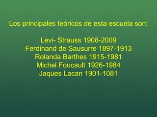 Los principales teóricos de esta escuela son:
Levi- Strauss 1908-2009
Ferdinand de Sausurre 1897-1913
Rolanda Barthes 1915-1981
Michel Foucault 1926-1984
Jaques Lacan 1901-1081
 