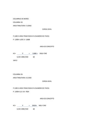 COLUMNAS DE BORDE:
COLUMNA 1B
AREA TRIBUTARIA: 4,92M2
CARGA AXIAL
P:1200 X AREA TRIBUTARIA X N (NUMERO DE PISOS)
P: 1200X 4,92X 2= 11808
AREA DE CONCEPTO
AC= P = 11808 = 196,8 CM2
0,25X 240K/CM2 60
16X12
COLUMNA 2A
AREA TRIBUTARIA: 8,51M2
CARGA AXIAL
P:1200 X AREA TRIBUTARIA X N (NUMERO DE PISOS)
P: 1200X 8,51 X2= 7824
AREA DE CONCEPTO
AC= P = 20424= 340,4 CM2
0,25X 240K/CM2 60
 