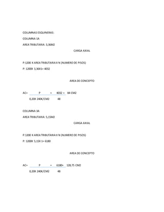 COLUMNAS ESQUINERAS:
COLUMNA 1A
AREA TRIBUTARIA: 3,36M2
CARGA AXIAL
P:1200 X AREA TRIBUTARIA X N (NUMERO DE PISOS)
P: 1200X 3,36X1= 4032
AREA DE CONCEPTO
AC= P = 4032 = 84 CM2
0,20X 240K/CM2 48
COLUMNA 3A
AREA TRIBUTARIA: 5,15M2
CARGA AXIAL
P:1200 X AREA TRIBUTARIA X N (NUMERO DE PISOS)
P: 1200X 5,15X 1= 6180
AREA DE CONCEPTO
AC= P = 6180= 128,75 CM2
0,20X 240K/CM2 48
 