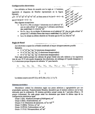 Confi2uración
Los

orbitales

electrónica,
se llenan

de

acuerdo

con

la

regla

n +

.e mínimo,

,"C
,/

~<

siguiendo el diagrama de Moeller representado en la figura.

..~f_¿

Ejemplo:
22Ti: ls2 2s2 2p6 3s2 3p64s2 3d2, se llena antes el4s (n+.e = 4+0 = 4)

~

que el 3d (n+.e = 3+2 = 5).

¿

~~/

,).~4
//

~
A~

Hay algunas excepciones:
.~/
./
.En
el Cr y Mo se alojan 5 electrones en el subnivel "d",
~
uno en cada orbital "d" porque los 5 orbitales semillenos
~
dan estabilidad, Cr: [Ar] 4s13d5.
.En
Cu, Ag y Au se alojan 10 electrones en el subnivel "d", dos en cada orbital "d"
porque los 5 orbitales llenos dan mayor estabilidad, Cu: [Ar] 4s13d1o.
.La
y Ac alojan su último electrón en 5d antes que en 4f, La: [Xe] 6s2 5d1.

Regla de Hund
Los electrones ocupan los orbitales tendiendo al mayor desapareamiento posible.
Ejemplos:
.C
ls2 2s2 2px I 2py 1 (2 electrones desapareados)
.N
ls2 2s2 2px I 2py I 2pzI (3 electrones desapareados)
.O
1S22s2 2px2 2py 1 2pz1 (2 electrones desapareados )
Esta regla explica porque los cabezas de grupo tienen una sola valencia y los siguientes
más de una. El O solo puede desaparear dos electrones, sin embargo el S puede desaparear 2,
4 y 6 electrones porque dispone de orbitales "d" para hacerlo.

2

t
t

4

t

Lo mismo ocurre con el F (I) y el CI, Br y I (1,3,5

6

y 7).

Sistema Deriódico
Mendeléyev ordenó los elementos según sus pesos atómicos y agrupándolos por sus
propiedades químicas. Posteriormente Moseley descubrió que el número atómico era la base
adecuada para la ordenación. El sistema periódico actual consta de 7 periodos (filas) y 18
grupos (columnas). En cada grupo están los elementos que tienen la última capa de su
configuración electrónica igual.
Grupo 1 (lA): Alcalinos (excepto el hidrógeno), nsl
, GrupO 2 (IIA): Alcalinotérreos, ns2
Grupos 3-12: Elementos de transición, ns2 (n-1)dl-10
GrupO 13 (IllA): Térreos, ns2 npl
Grupo 14 (N A): Carbonoideos, ns2 np2
GruOO 15 (V A): Nitrogenoideos. ns2 no3

 