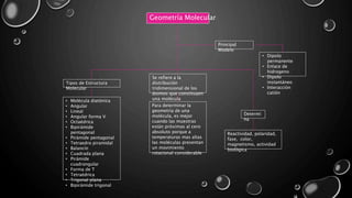 Geometría Molecular
Tipos de Estructura
Molecular
Se refiere a la
distribución
tridimensional de los
átomos que constituyen
una molécula• Molécula diatónica
• Angular
• Lineal
• Angular forma V
• Octaédrica
• Bipirámide
pentagonal
• Pirámide pentagonal
• Tetraedro piramidal
• Balancín
• Cuadrada plana
• Pirámide
cuadrangular
• Forma de T
• Tetraédrica
• Trigonal plana
• Bipirámide trigonal
• Dipolo
permanente
• Enlace de
hidrogeno
• Dipolo
instantáneo
• Interacción
catión
Para determinar la
geometría de una
molécula, es mejor
cuando las muestras
están próximas al cero
absoluto porque a
temperaturas mas altas
las moléculas presentan
un movimiento
rotacional considerable
Reactividad, polaridad,
fase, color,
magnetismo, actividad
biológica
Determi
na
Principal
Modelo
 