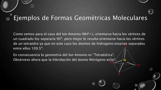 Ejemplos de Formas Geométricas Moleculares
Como vemos para el caso del Ion Amonio (NH4+), orientarse hacia los vértices de
un cuadrado los separaría 90º, pero mejor le resulta orientarse hacia los vértices
de un tetraedro ya que en este caso los átomos de hidrogeno estarían separados
entre ellos 109.5º.
En consecuencia la geometría del Ion Amonio es “Tetraédrica”.
Obsérvese ahora que la hibridación del átomo Nitrógeno esSp3.
H
H
H
H
N
 
