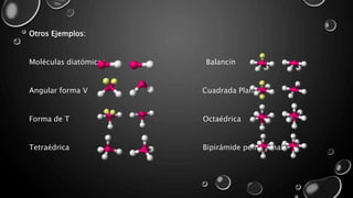 Otros Ejemplos:
Moléculas diatómicas Balancín
Angular forma V Cuadrada Plana
Forma de T Octaédrica
Tetraédrica Bipirámide pentagonal
 