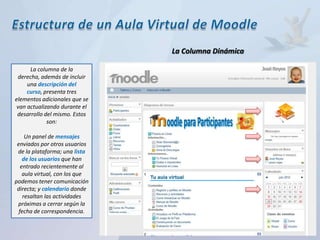 La Columna Dinámica

      La columna de la
 derecha, además de incluir
     una descripción del
     curso, presenta tres
elementos adicionales que se
 van actualizando durante el
 desarrollo del mismo. Estos
             son:

     Un panel de mensajes
 enviados por otros usuarios
 de la plataforma; una lista
    de los usuarios que han
   entrado recientemente al
    aula virtual, con los que
podemos tener comunicación
 directa; y calendario donde
    resaltan las actividades
 próximas a cerrar según la
  fecha de correspondencia.
 