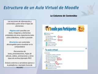 La Columna de Contenidos

    Las secciones de información y
  contenidos suelen tener 4 tipos de
              elementos:

    Páginas web sencillas con
   texto, imágenes y elementos
embebidos de otros repositorios tales
 como slideshare, scribd o youtube.

     Directorios con contenidos
  descargables para visualizar en la
           computadora

            Documentos de
   texto, presentaciones, hojas de
 cálculo, videos, animaciones u otros
    tipos de archivo (ejemplo PDF)

Enlaces externos a servidores ajenos a
  la plataforma (ejemplo Curso de
              Moodle)
 