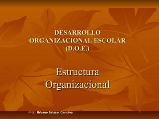 DESARROLLO
ORGANIZACIONAL ESCOLAR
        (D.O.E.)


             Estructura
           Organizacional

Prof.: Urbano Salazar Cancino.
 