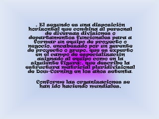. El segundo es una disposición horizontal que combina al personal de diversas divisiones o departamentos funcionales para a formar un equipo de proyecto o negocio, encabezado por un gerente de proyecto o grupo, que es experto en el campo de especialización asignado al equipo como en la siguiente figura:, que describe la estructura matricial pluridivisional de Dow-Corning en los años setenta.     Conforme las organizaciones se han ido haciendo mundiales,