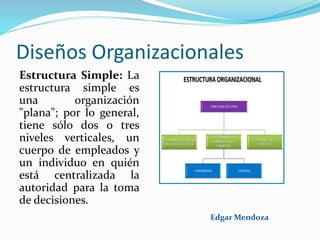 Diseños Organizacionales
Estructura Simple: La
estructura simple es
una organización
"plana"; por lo general,
tiene sólo dos o tres
niveles verticales, un
cuerpo de empleados y
un individuo en quién
está centralizada la
autoridad para la toma
de decisiones.
Edgar Mendoza
 