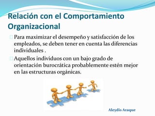 Relación con el Comportamiento
Organizacional
Para maximizar el desempeño y satisfacción de los
empleados, se deben tener en cuenta las diferencias
individuales .
Aquellos individuos con un bajo grado de
orientación burocrática probablemente estén mejor
en las estructuras orgánicas.
Aleydis Araque
 