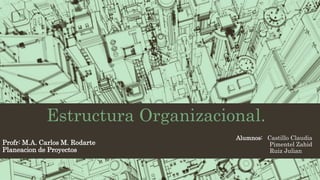 Estructura Organizacional.
Alumnos: Castillo Claudia
Pimentel Zahid
Ruiz Julian
Profr: M.A. Carlos M. Rodarte
Planeacion de Proyectos
 