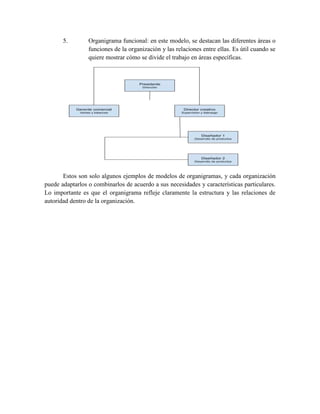 5. Organigrama funcional: en este modelo, se destacan las diferentes áreas o
funciones de la organización y las relaciones entre ellas. Es útil cuando se
quiere mostrar cómo se divide el trabajo en áreas específicas.
Estos son solo algunos ejemplos de modelos de organigramas, y cada organización
puede adaptarlos o combinarlos de acuerdo a sus necesidades y características particulares.
Lo importante es que el organigrama refleje claramente la estructura y las relaciones de
autoridad dentro de la organización.
 