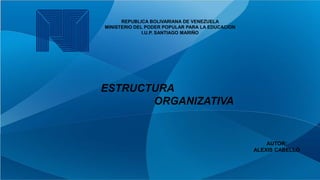 REPUBLICA BOLIVARIANA DE VENEZUELA
MINISTERIO DEL PODER POPULAR PARA LA EDUCACION
I.U.P. SANTIAGO MARIÑO
ESTRUCTURA
ORGANIZATIVA
AUTOR:
ALEXIS CABELLO
 