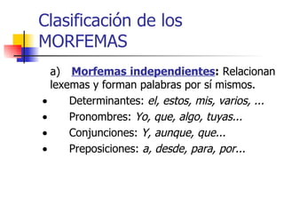 Clasificación de los MORFEMAS a)      Morfemas independientes :  Relacionan lexemas y forman palabras por sí mismos.         Determinantes:  el, estos, mis, varios, ...         Pronombres:  Yo, que, algo, tuyas...         Conjunciones:  Y, aunque, que...         Preposiciones:  a, desde, para, por... 