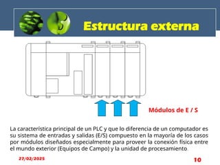 Módulos de E / S
Estructura externa
La característica principal de un PLC y que lo diferencia de un computador es
su sistema de entradas y salidas (E/S) compuesto en la mayoría de los casos
por módulos diseñados especialmente para proveer la conexión física entre
el mundo exterior (Equipos de Campo) y la unidad de procesamiento.
27/02/2025 10
 